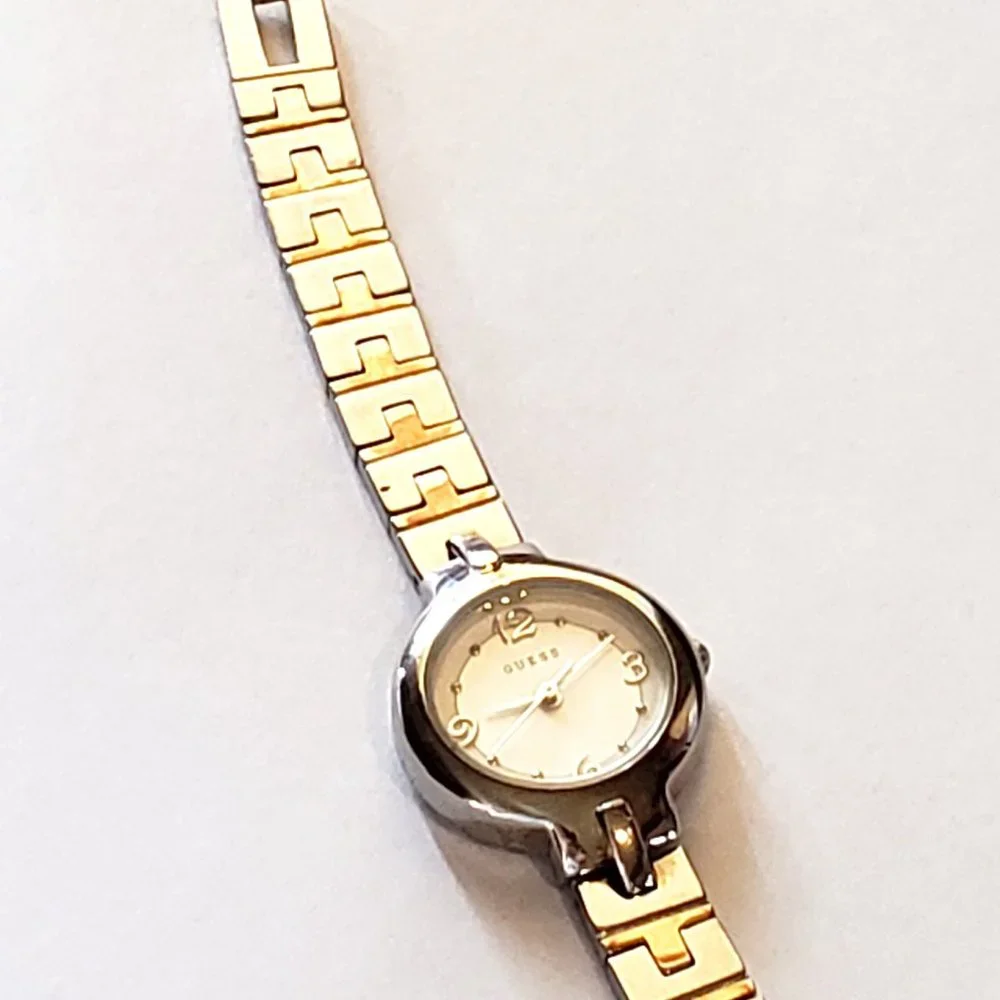 GUESS Two Tone Quartz Gold Silver Band White Face Easy to Read Ladies Watch